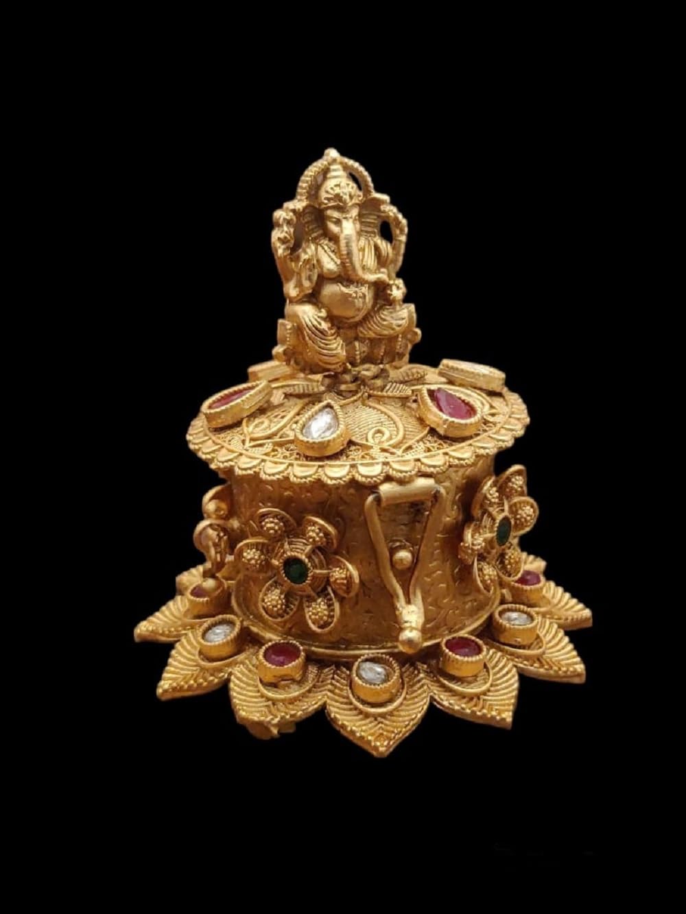Denique Brass Sindoor Box Gold Plated Sidoor Box Ganesha Idol sindoor box/Wedding Gift/Pooja Accessory/Kumkum box (Ganesh Kempu)