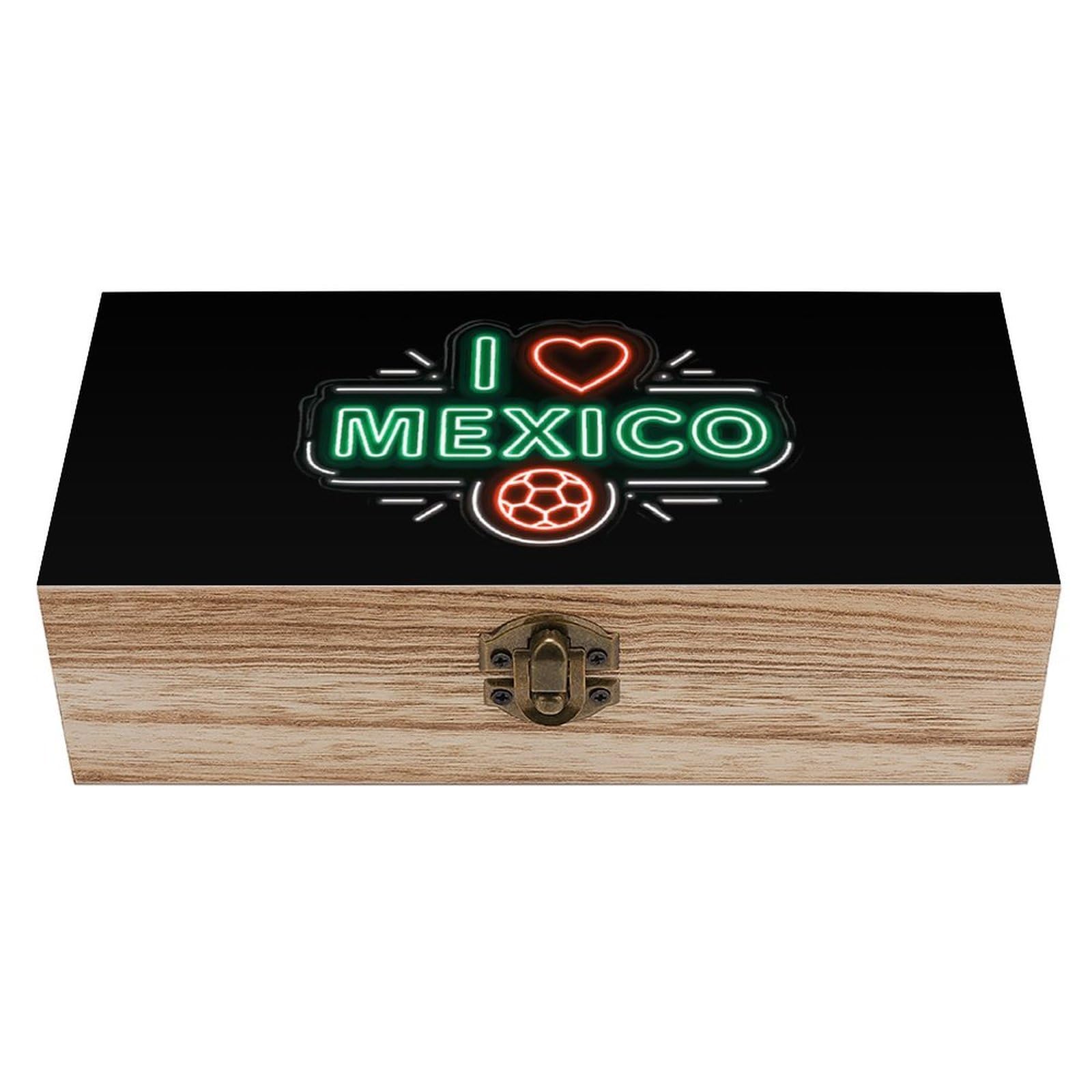 HLBSDM I Love Mexico Soccer Neon Sign Wooden Storage Box Craft Memory Keepsake Treasure Chest Box Jewelry Organizer