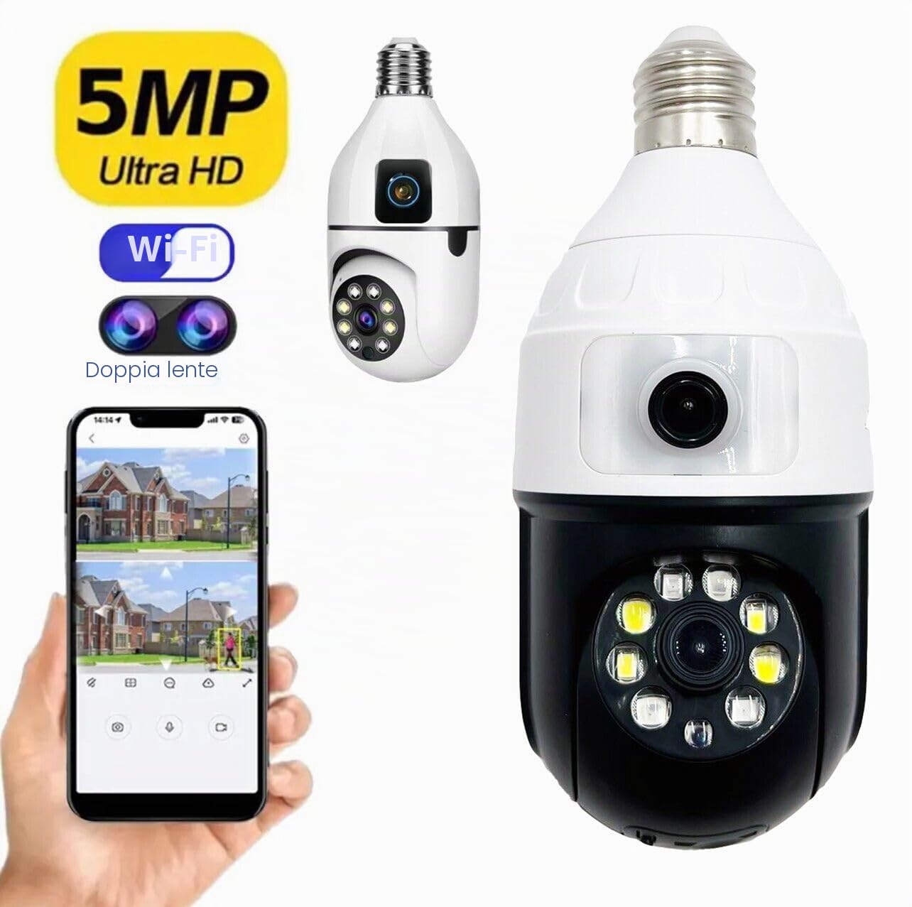 DISCORAMA® - TELECAMERA A LAMPADINA 360°DOPPIA CAMERA, TELECAMERA DI SORVEGLIANZA WIRELESS CON CONTROLLO REMOTO 5MP TRAMITE APP 1080P, TELECAMERA LAMPADINA E27