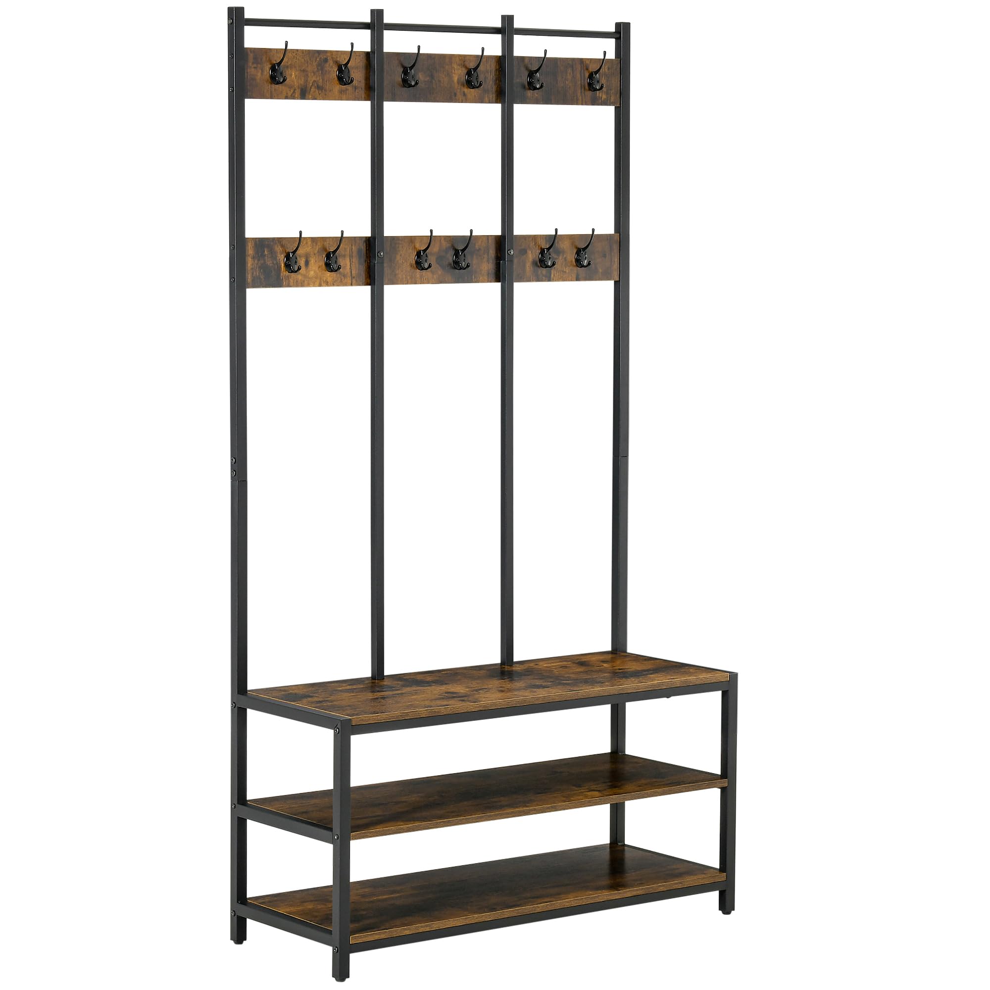 Homcom Unisex Brown Industrial Coat Rack Shoe Bench Hall Tree Entryway Clothes Storage In
