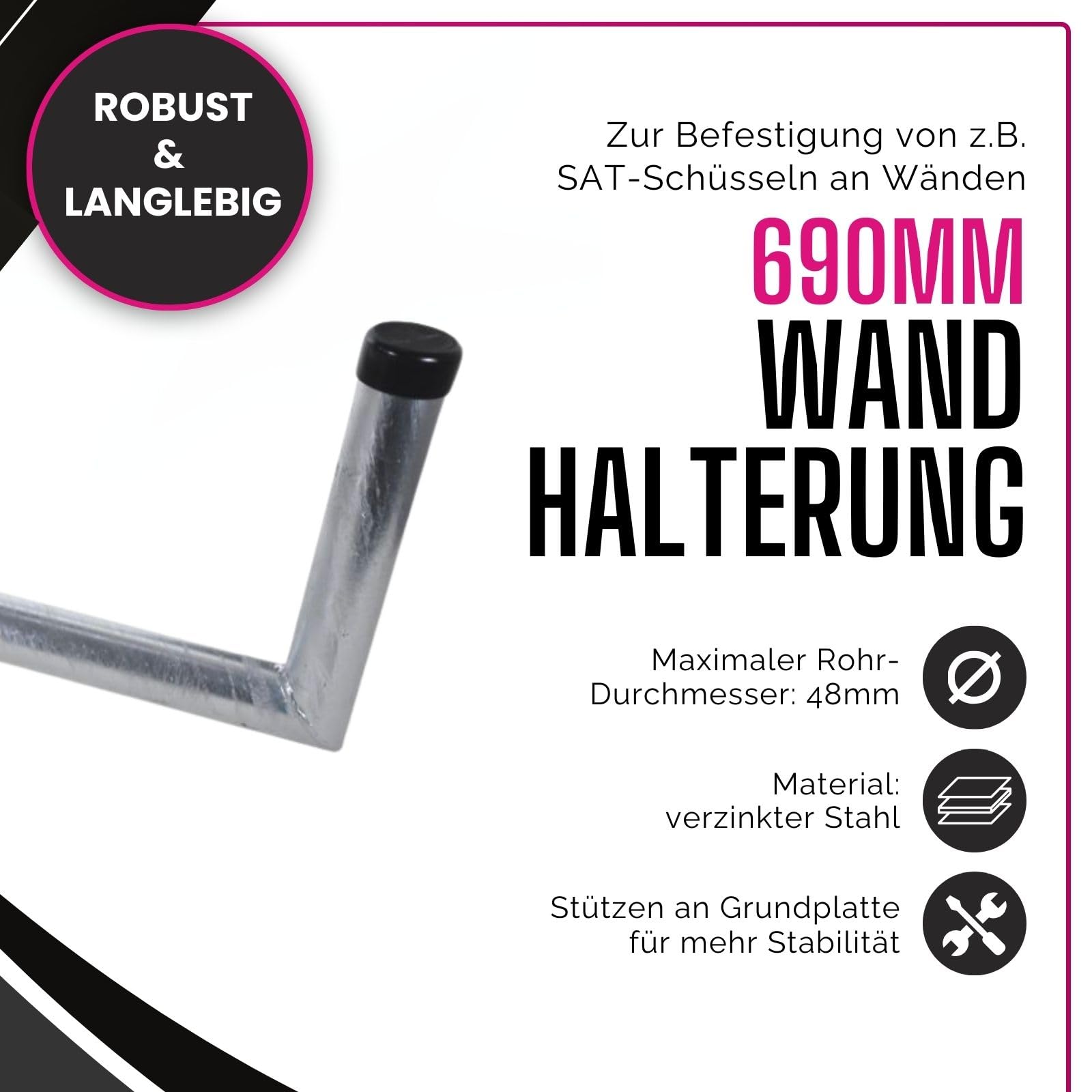 Wandhalterung Stahl Abstand 69 cm I Wandhalter | für Satellitenschüsseln & Wetterstationen I Stahlrohr Durchmesser 48 mm I Winkel Wandhalterung für Sat Antenne