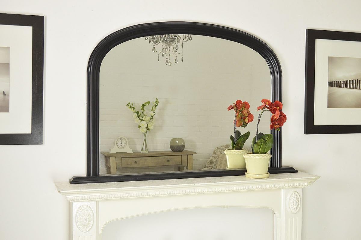Classic French Inspired Gloss Black Overmantle Mirror with Elegant Arched Frame and complete with Premium Quality Pilkington's Glass - Standard Size: 31inches x 47inches (78cm x 122cm)
