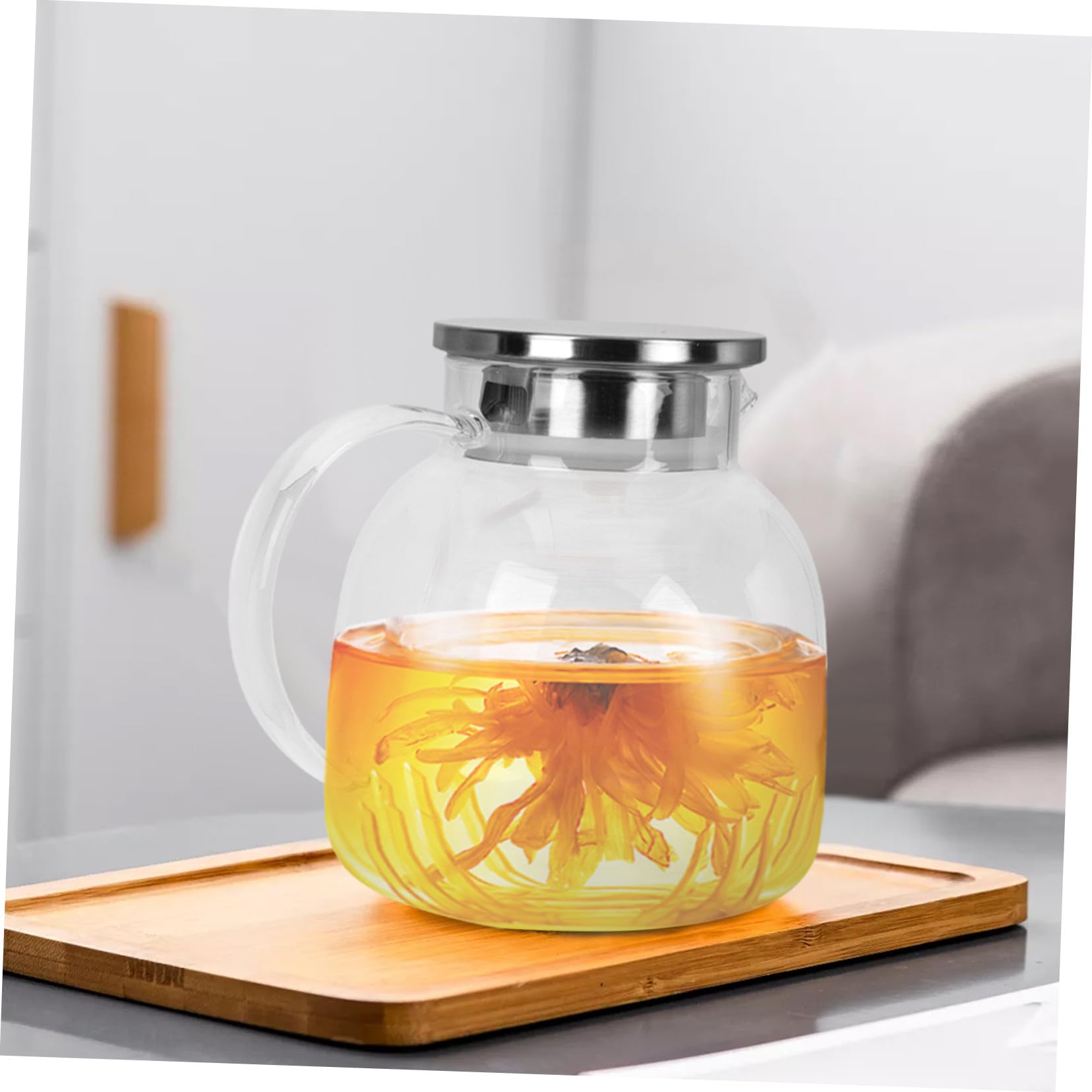 Jarra de Vidrio y Acero Inoxidable con Tapa para Agua Fría y Jugos, Capacidad 1300ml, Portátil y Duradera, Adecuado para Muchas Ocasiones Servir Bebidas