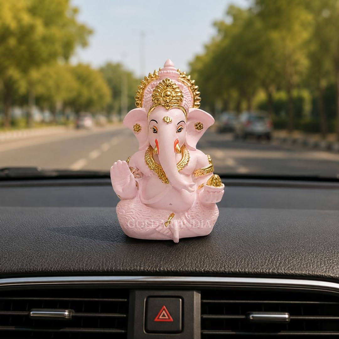 Gold Art India Pink Finish Lord Ganesha Idol for Car Dashboard & Home Decor | Ganpati Murti for Puja Room & Office Desk | Decorative Gift Figurine (3.5 Inches)