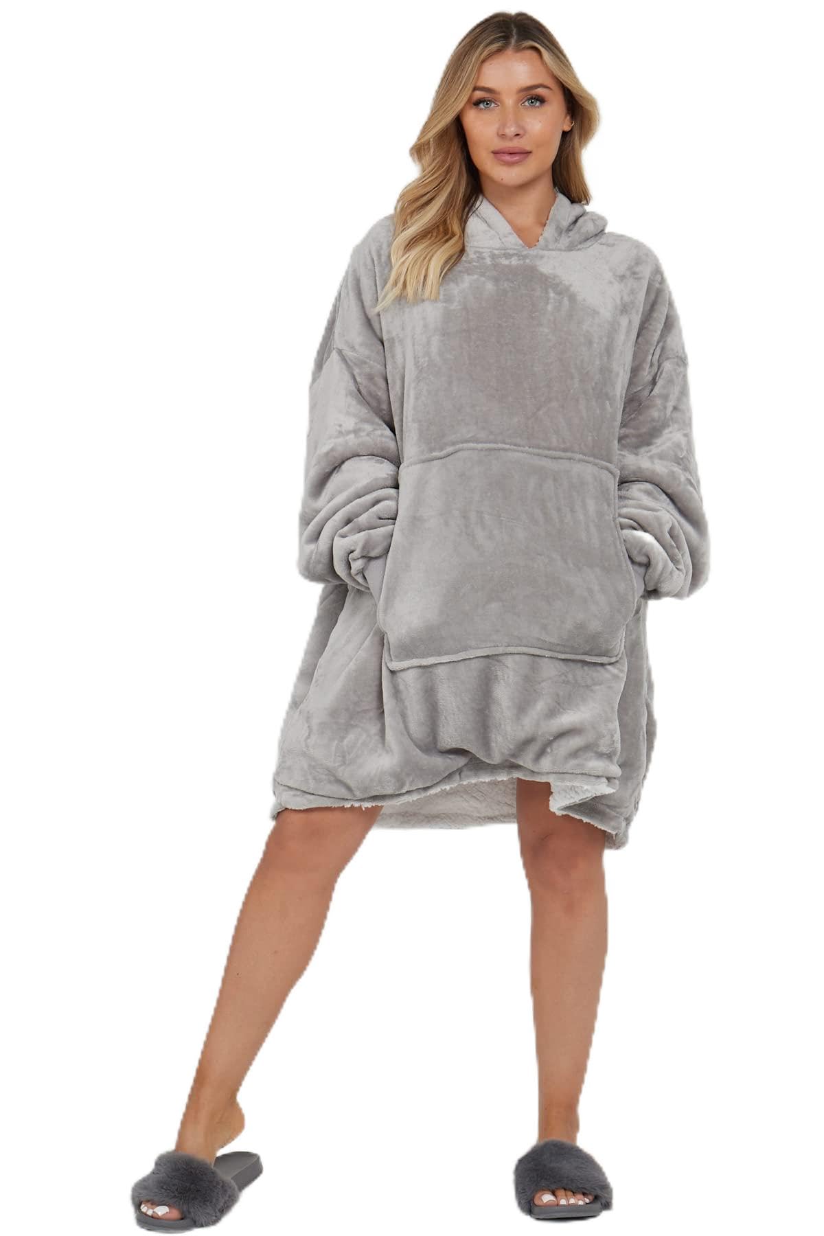 Oversized Wearable Blanket Hoodie Teddy Fleece Fluffy Sherpa Hooded Sweatshirt Blanket with Pocket for Men & Women (Silver)