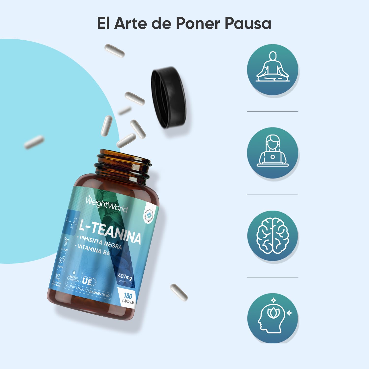 L Teanina 400mg con Vitamina B6 y Pimienta Negra - 180 Cápsulas de las Hojas del Té Verde y Negro para 6 Meses de L Theanine Vegano, Sin OGM y Sin Lactosa