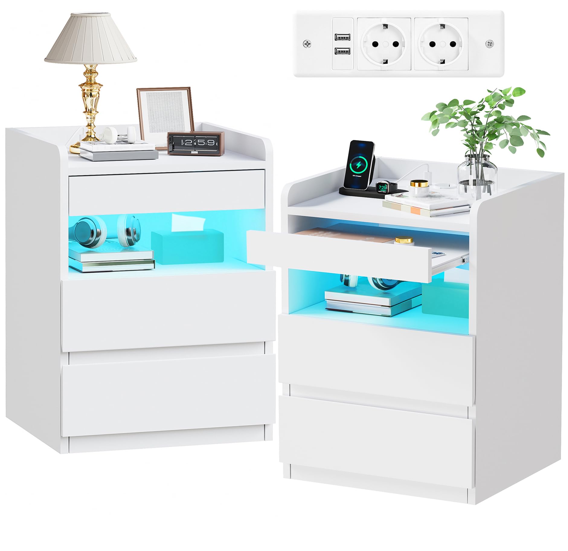 BEWISHOME Comodino Camera da Letto Set di 2 Moderno con LED — Bianco