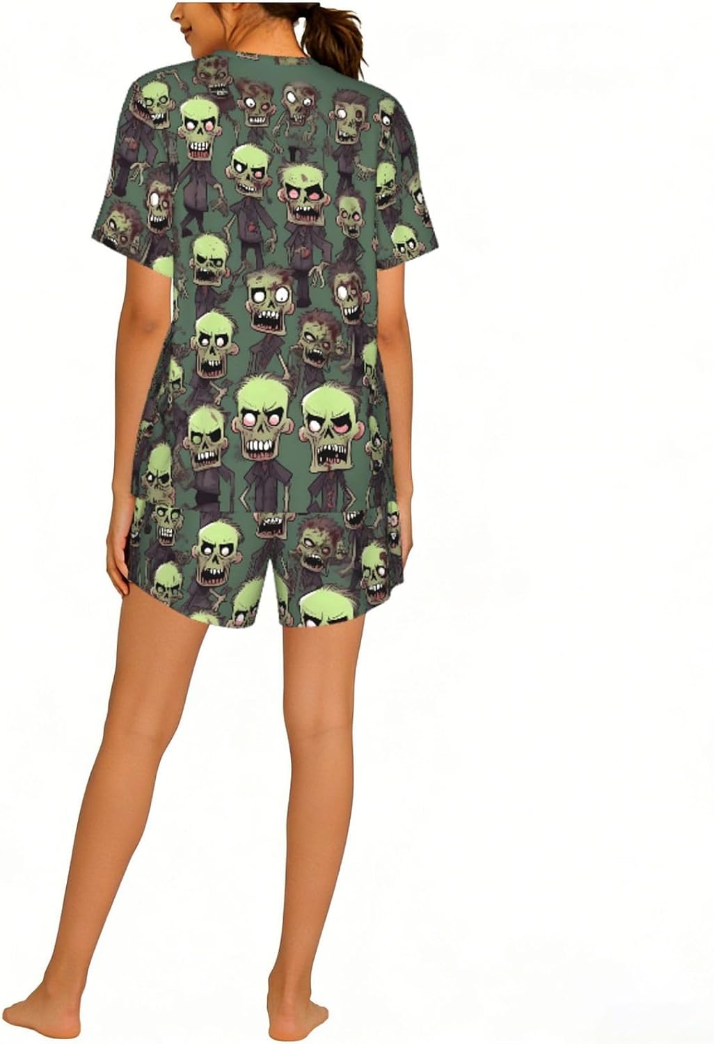 Many Zombies Print Cute Short Sleeve Pajama Set For Women Casual Loungewear With Pockets Four Seasons S-3xl