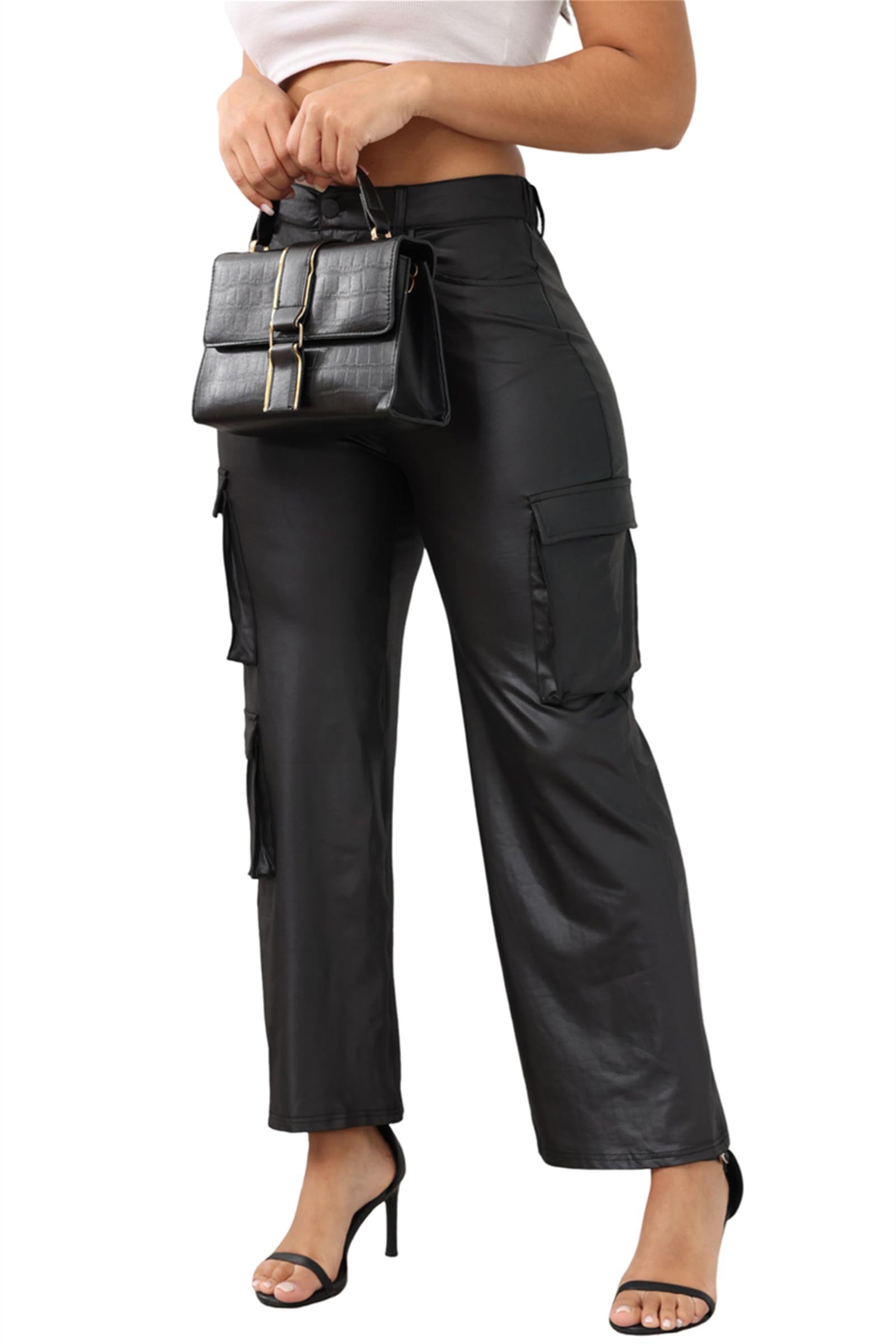 CALEBGAR Womens Faux Leather Pants Stretchy High Waisted Straight Wide Leg Baggy Cargo Pants Trousers with Pockets