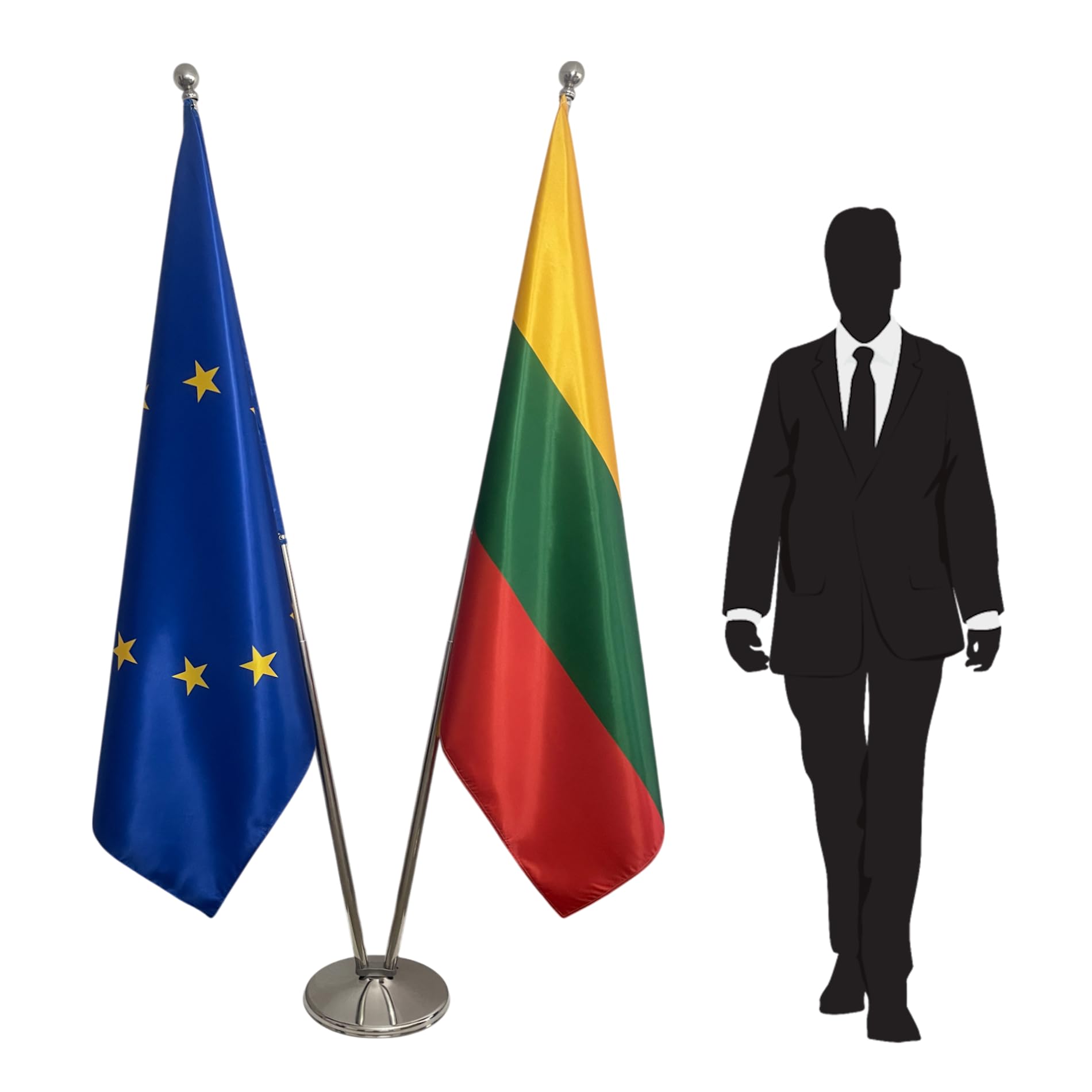 Drapeau Lituanie et Union Européenne avec pied et mâts en acier inoxydable – ensemble protocolaire pour bureau. Pied Ø 360mm, inox finition argentée, hampes pointe ronde. Code CN3-EU-LT
