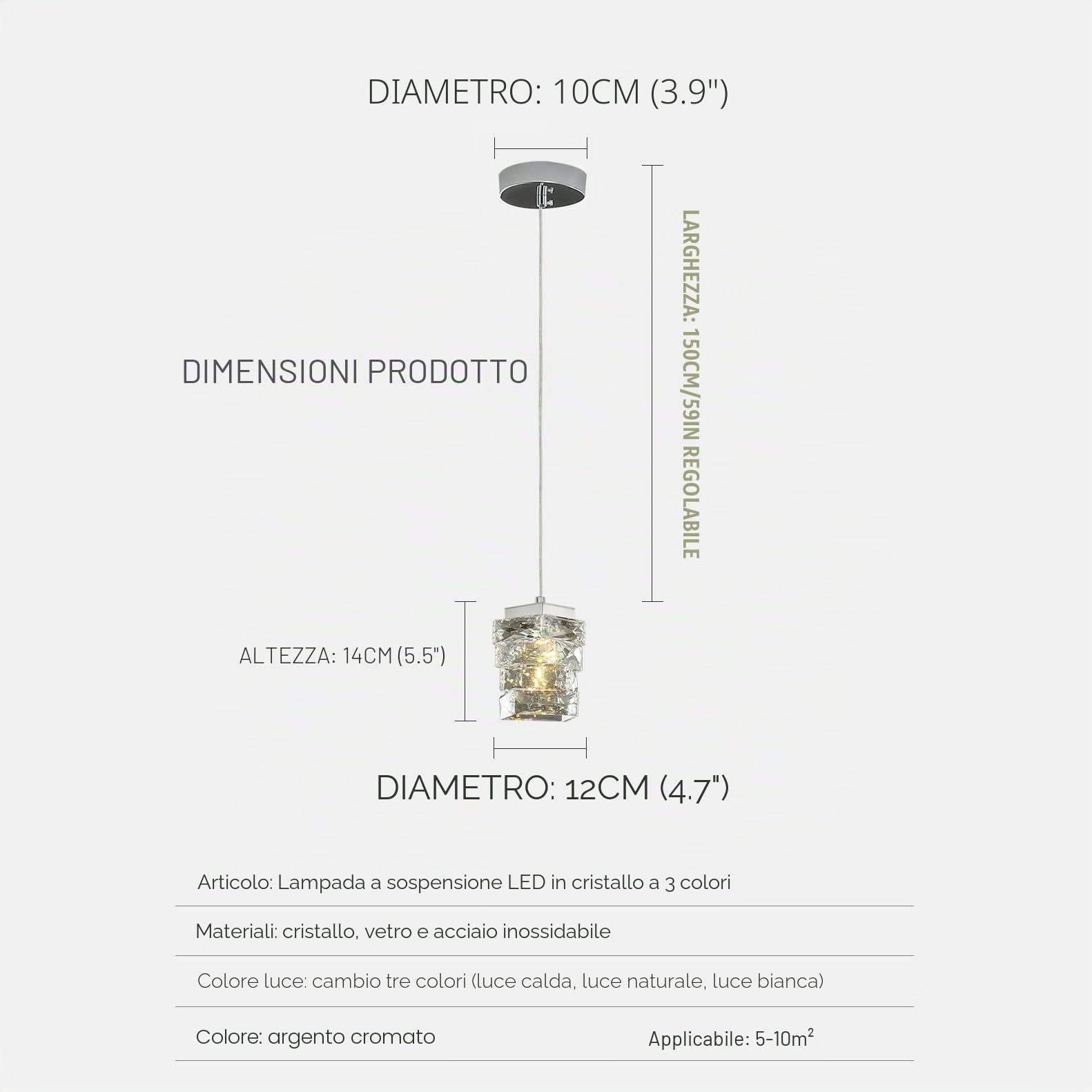 Moderna Lampada A Sospensione In Cristallo, 3 Colori Lampada A Sospensione A LED, Altezza Regolabile, Per Camera Da Letto Isola Della Cucina Sala Da Pranzo Corridoio (Argento)