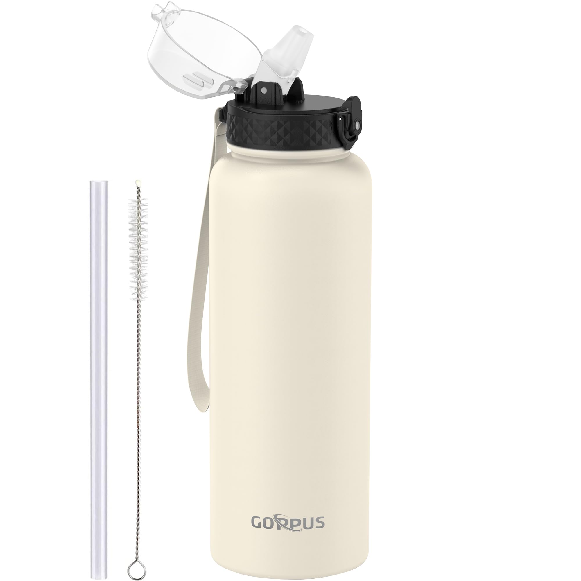 GOPPUS 1.2L/40oz Stainless Water Bottle with Straw Double Wall Insulated Bottles with Strap Large Vacuum Thermal Flask Leakproof Keep Cold Drinks Bottles with Flip Top Lid for Men Women BPA Free