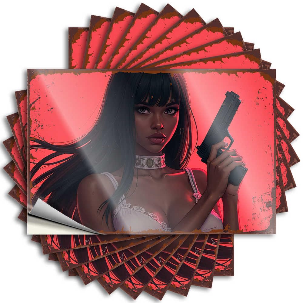 Home Gifts Bumper Lettering Sticker - Dark-haired Beauty with A Gun Against A Fiery Red Background Plush Durable Sticker Easy Apply for Outside Decor(12X18CM)