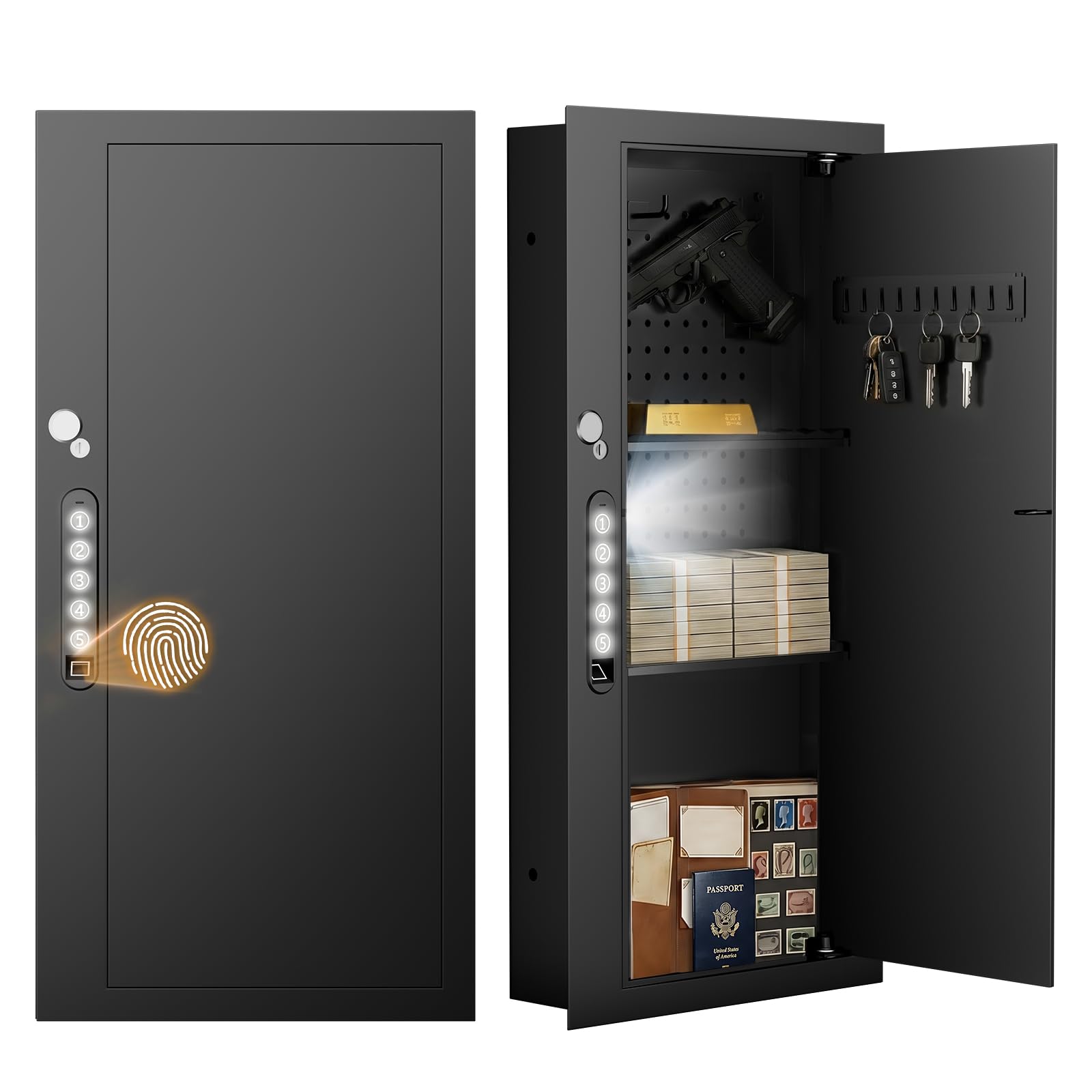31.5" Fingerprint Wall Safe with Removable Pegboard &amp; Shelves