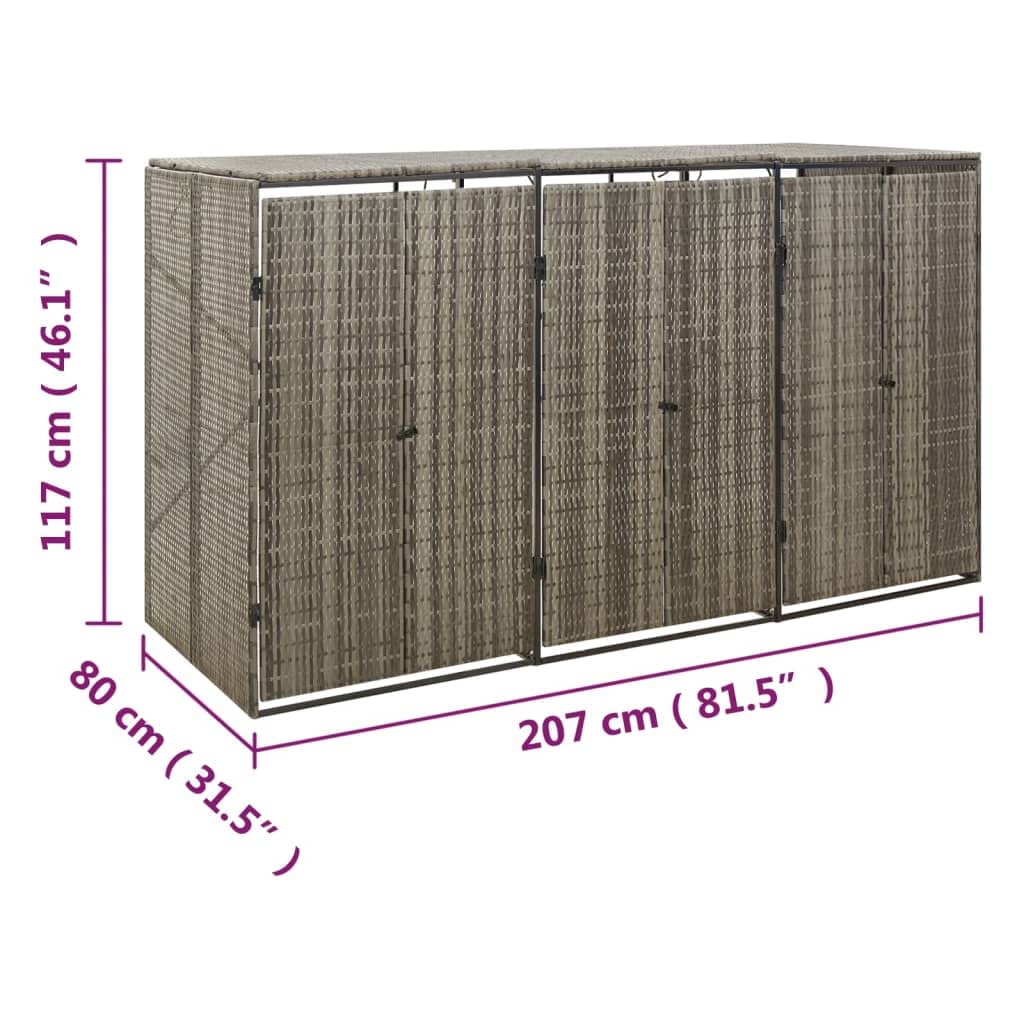 vidaXL Abri pour Poubelle Triple Gris 207x80x117 cm Résine tressée, Stockage de Poubelle à Roue Unique, Couvercle pour Poubelle, abri pour Poubelle à Roue Unique