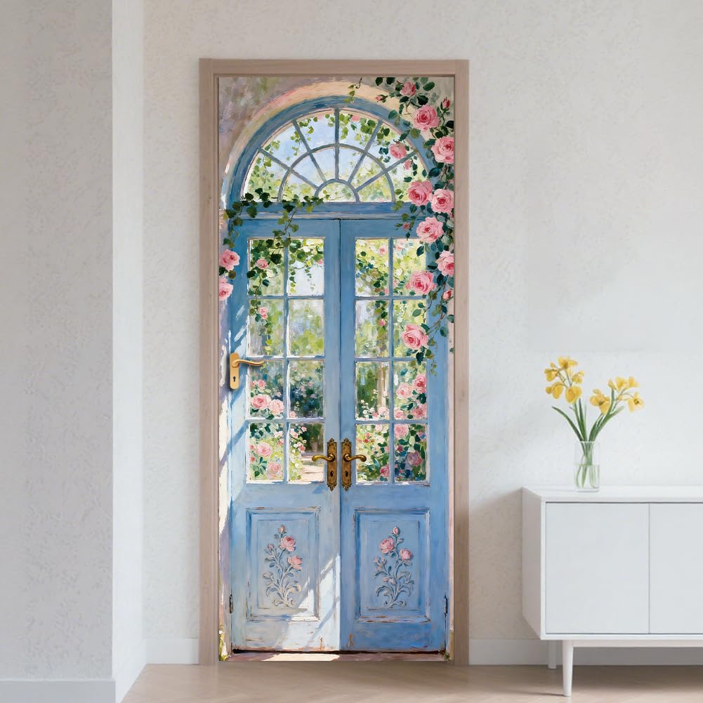 CRAFTYMELODY Door Sticker Peel Stick Removable Self Adhesive Door Mural Decal Vinyl PVC Waterproof Door Cover Wallpaper for Home Office Shop Decoration 31.48×78.74 Inch French Door Garden