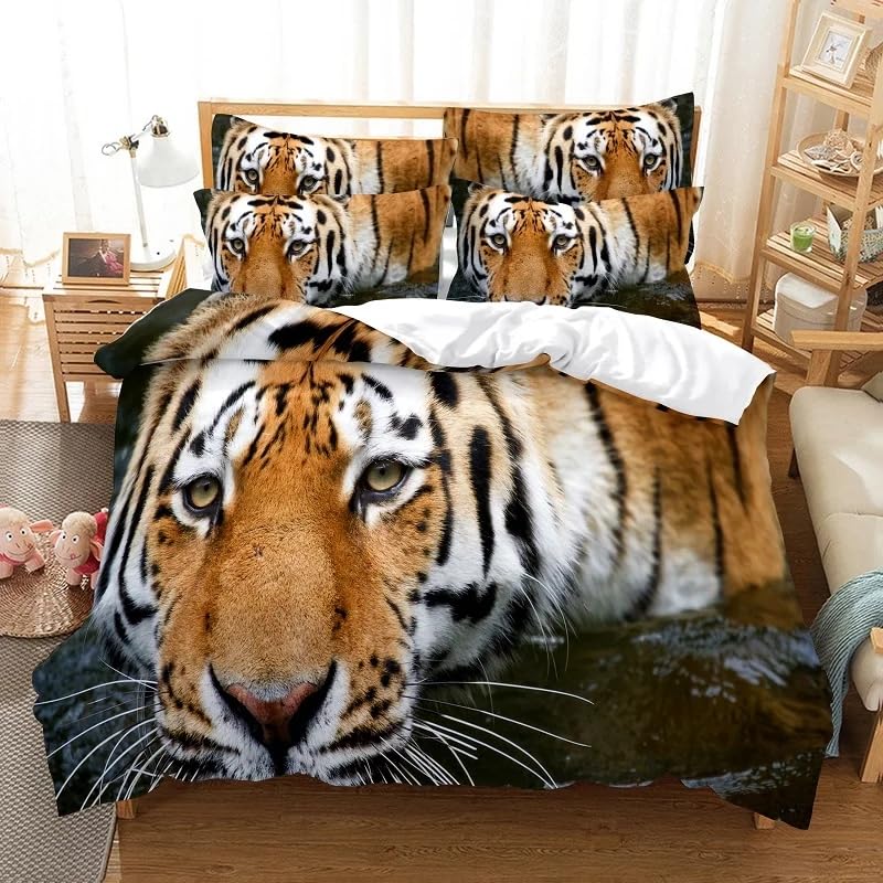 Housse de couette 140x200 tigre beige en microfibre 110g avec 2 taies