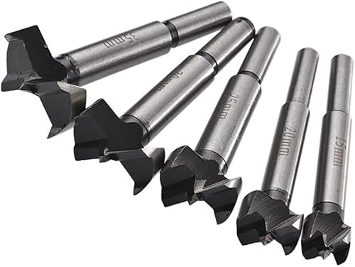 BestAlice Juego de 5 brocas Forstner, 15, 20, 25, 30, 1.378 in, juego de brocas para carpintería, juego de brocas de ala plana, broca de acero de