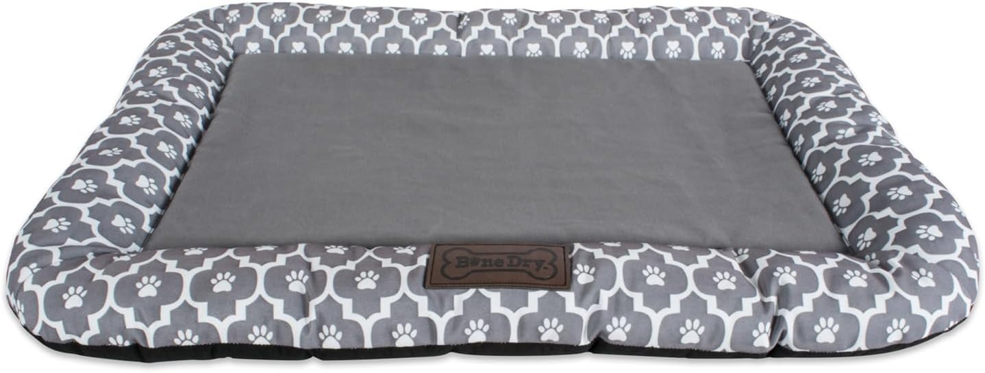 Bone Dry Paw Print Cushioned Border, Quilted Padded Pet Bed, Rectangle Medium, 20x28, Lattice Gray