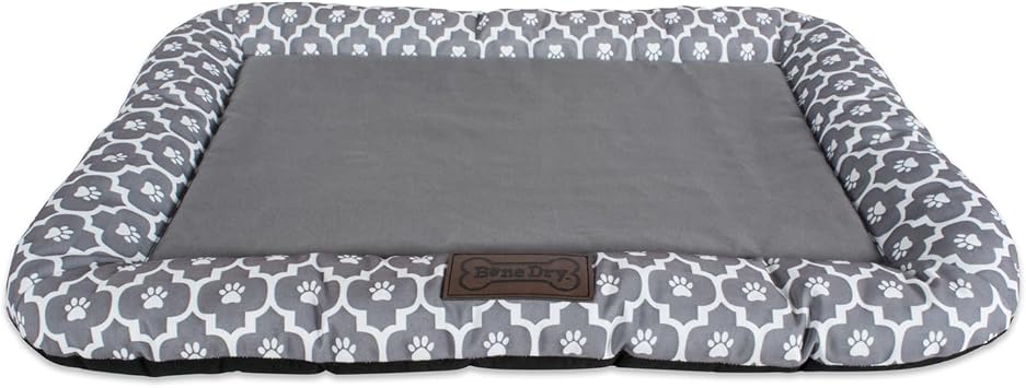 Bone Dry Paw Print Cushioned Border, Quilted Padded Pet Bed, Rectangle Medium, 20x28, Lattice Gray