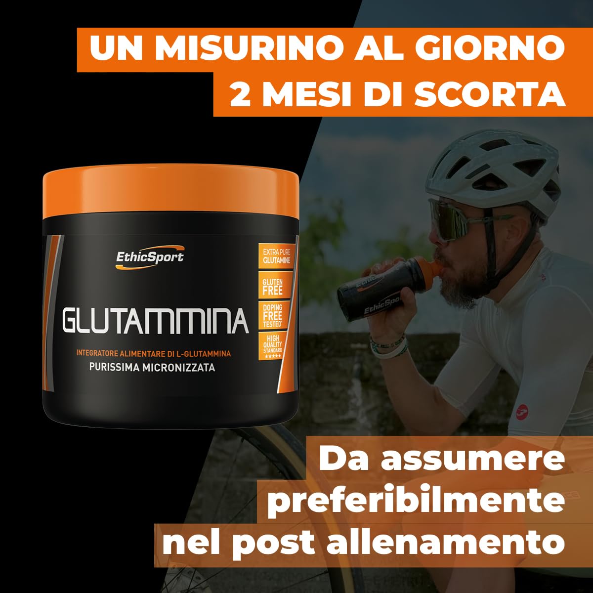 Glutammina EthicSport – 100% L-Glutammina pura micronizzata - Polvere solubile per post allenamento e sport ad alto impegno muscolare – 300g – 5g per dose – Gluten free, vegan, doping free tested*