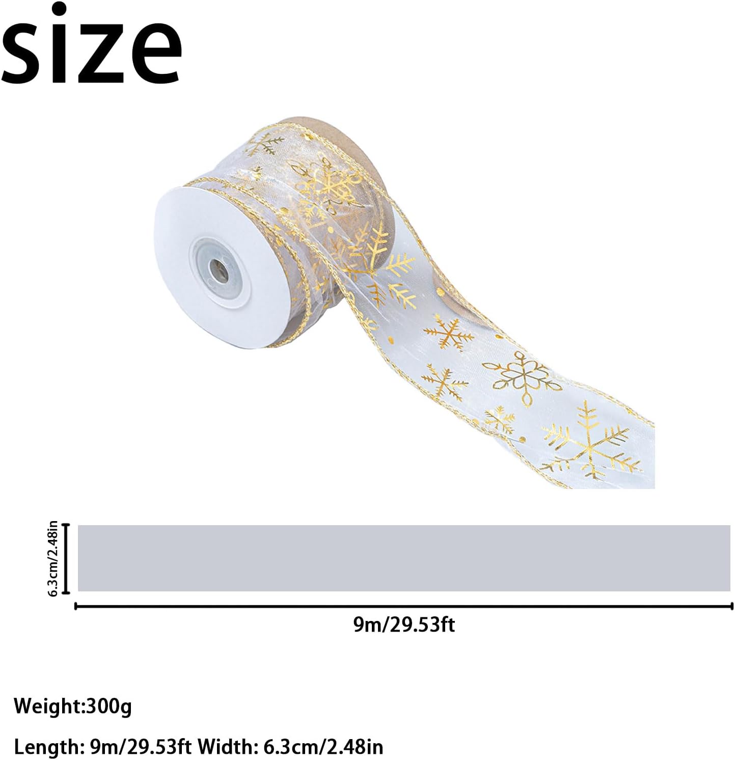 Christmas Tree Ribbon, Christmas Ribbon Glittery Snowflake Organza 2.5 Inch X 11 Yard with Spool, Wired Ribbon for Christmas Decor Gift Packaging Crafts Party Decoration (Gold)