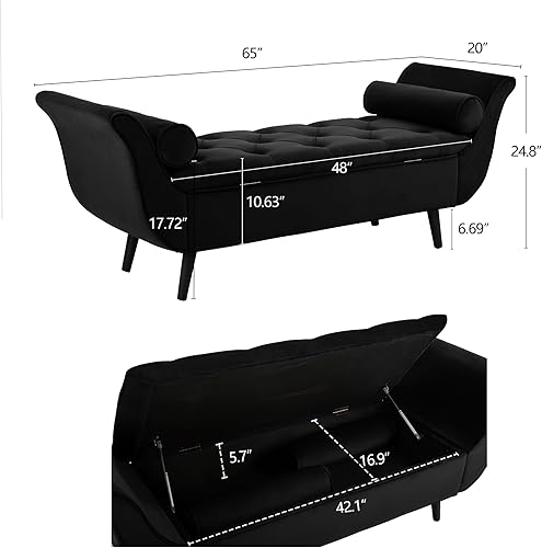 Miniatura 2 de Banco de almacenamiento para extremo de cama de dormitorio, banco tapizado de terciopelo de 165 cm con brazos enrollados y botones acolchados, banco