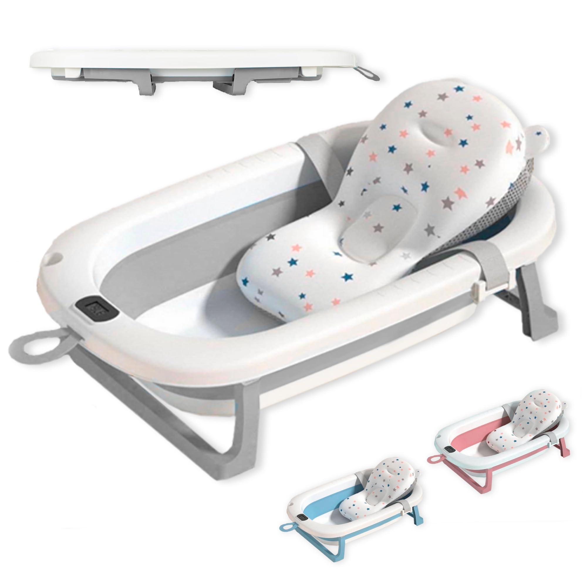 JUPPLIES Bañera Bebé Plegable con Cojín Ergonómico, Termómetro Digital y Patas Antideslizantes | Portátil, Compacta y Segura para Recién Nacido (Gris SIN estructura metálica)