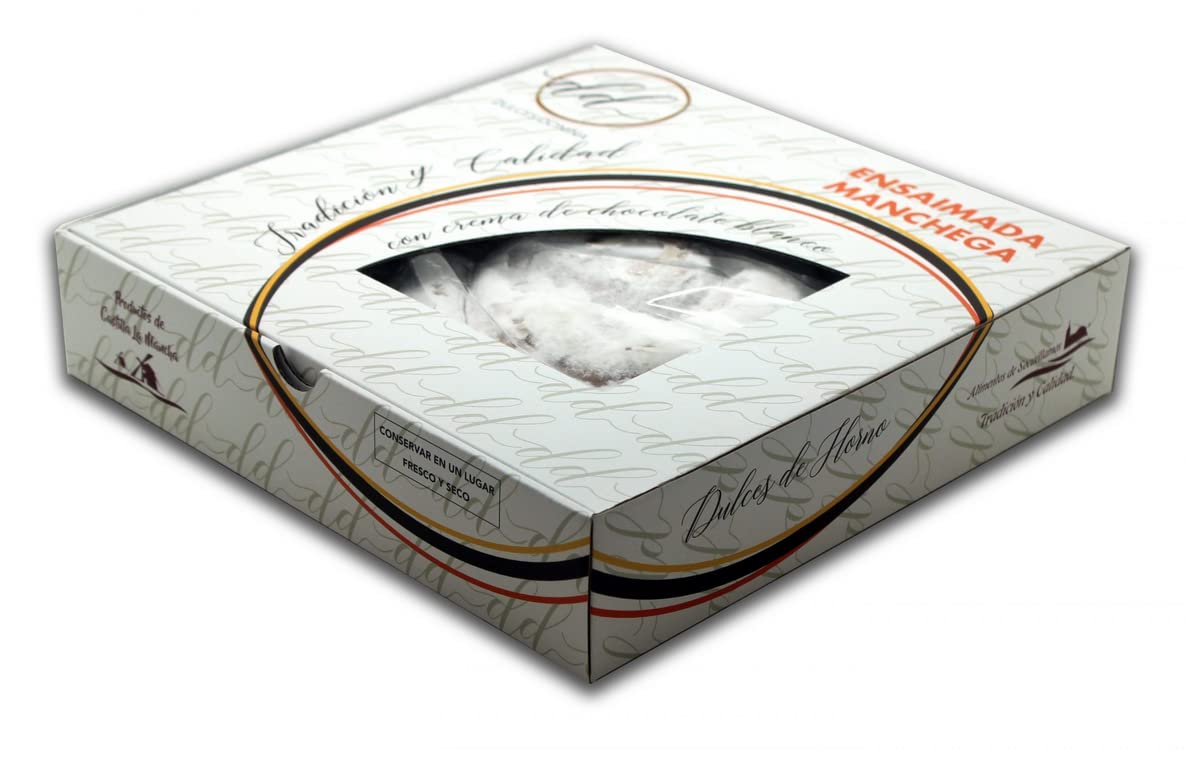 Ensaimada Artesana Manchega con Crema de Chocolate Blanco 325 g (Paquete de 1) - Caja de Almacenamiento Alimentaria