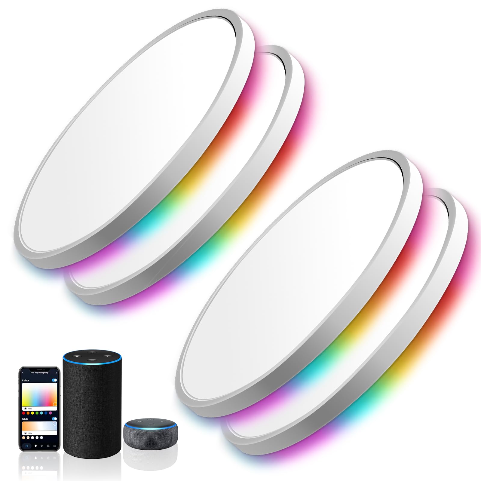 24W RGB Smart Light, Group Control, Timer, WiFi BT, Flush Mount, Dimmable 2700-6500K, Alexa Google, Hallway Basement Office MELEGAN 12 Inch Smart RGB LED Flush Mount Ceiling Light (4 Pcs)