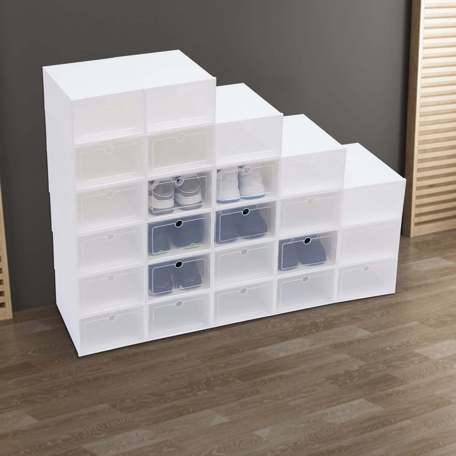 24 cajas de almacenamiento para zapatos, de plástico transparente, apilables, color blanco, cajón en zigzag, caja de zapatos, caja de juguetes, almacenamiento para accesorios