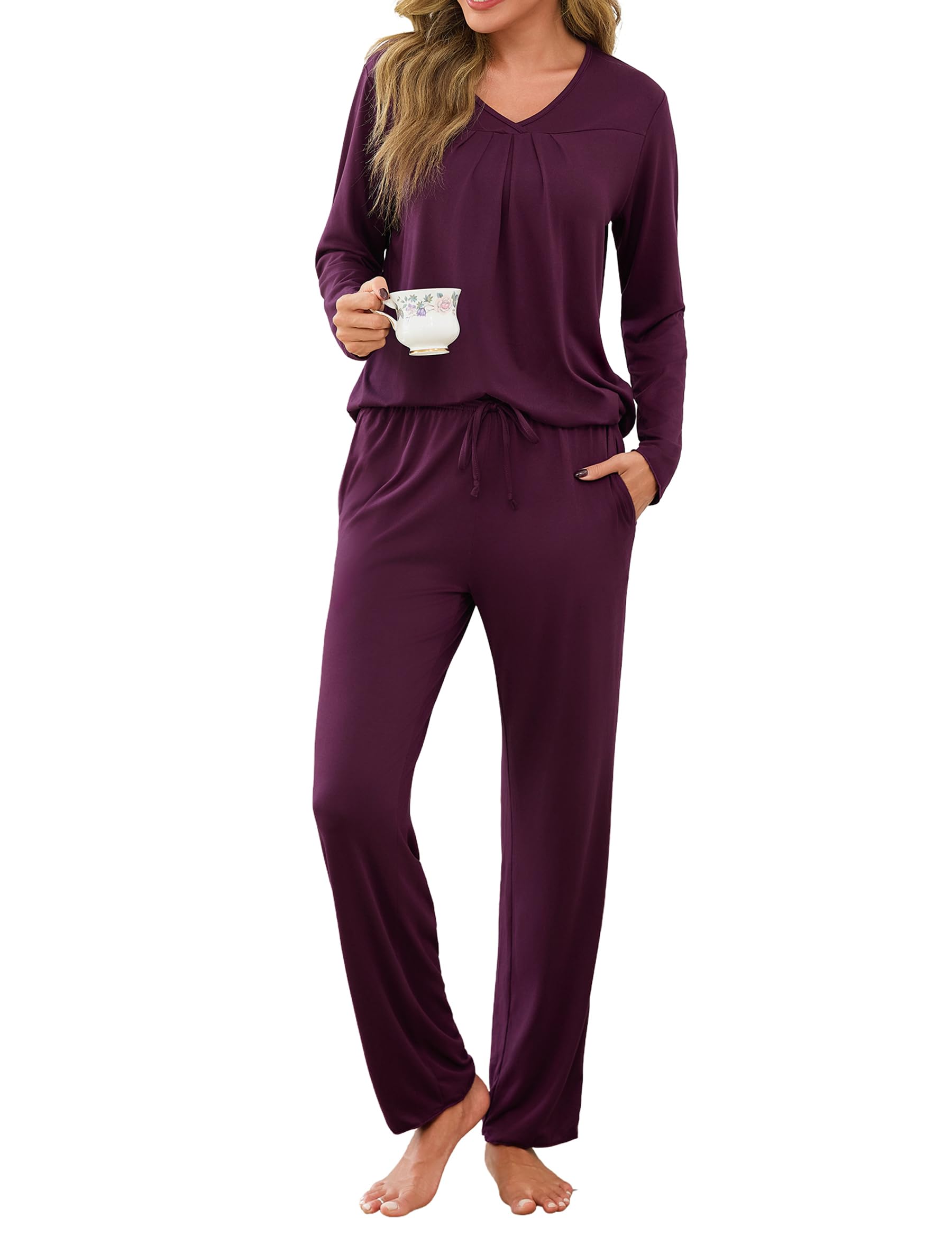 Uniexcosm Pigiama Lungo da Donna in Cotone Invernale Pigiami Due Pezzi da Donna con Tasche