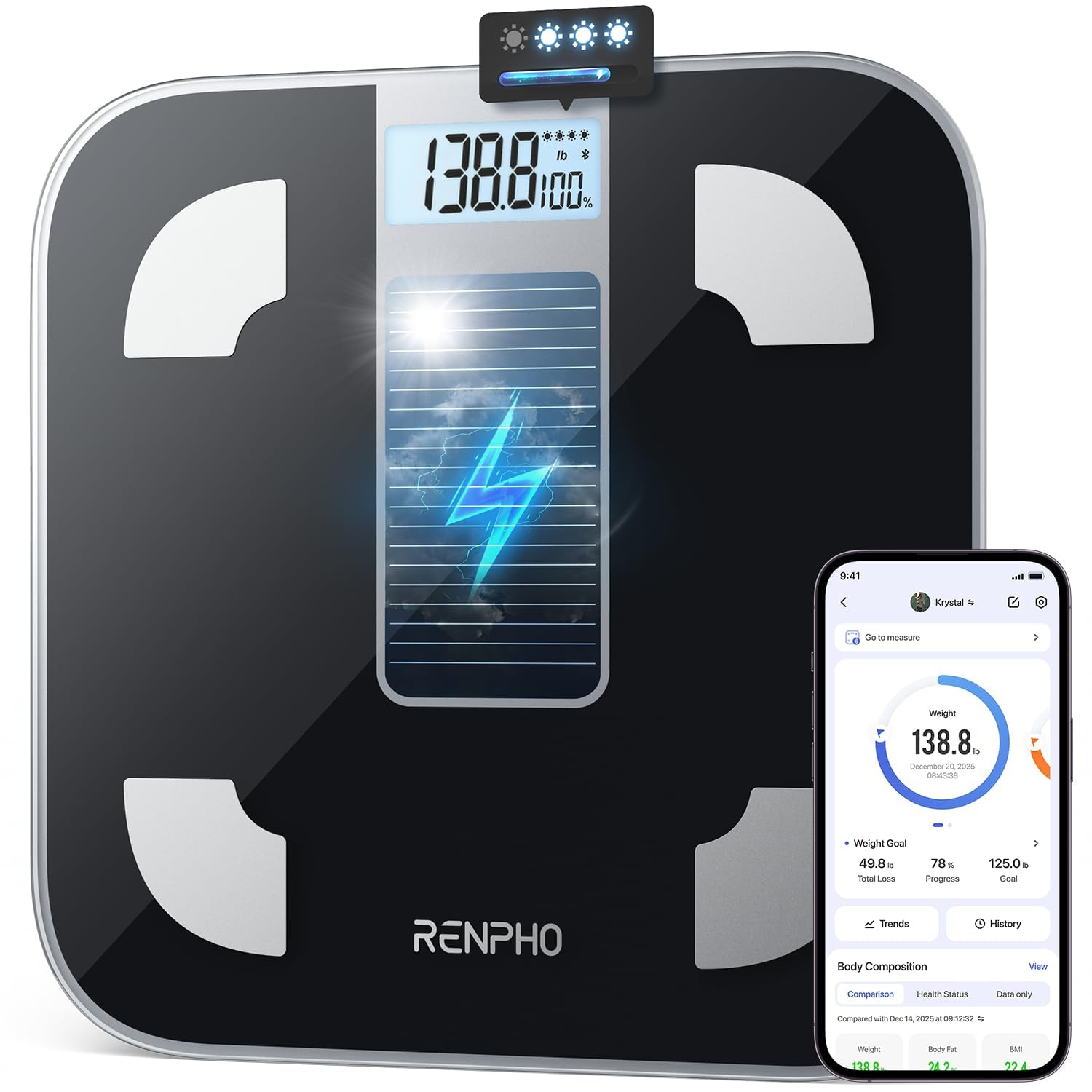 RENPHO Scales for Body Weight, Battery-Free Solar Power Weighing Scales, Digital Bathroom Scales Bluetooth Body Fat Scale, Body Composition Monitor Analyzer with App, 400 lbs - Elis Solar 1