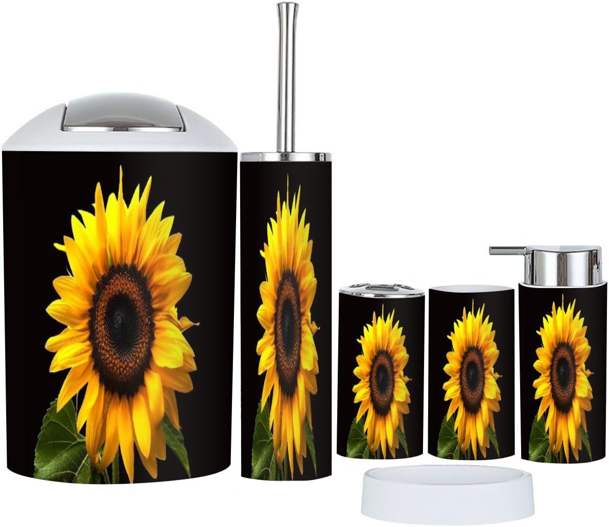 Bathroom Accessory Set 6 Piece Single Sunflower Black Toothbrush Holder, Toothbrush Cup, Soap Dispenser, Soap Dish, Toilet Brush Holder, Trash can, twukZ4mef76O2-6j