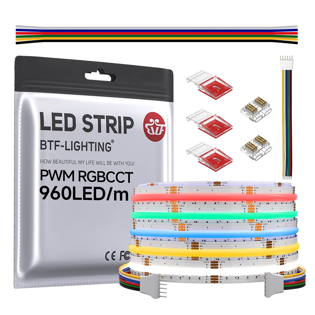 BTF-LIGHTING FCOB COB LED Strip RGBCCT Color Changing 16.4FT 960LED/m DC12V Flexible High Density Light RGB+CCT Tunable 3000K-6000K 12mm Width for Indoor Decor(No Adapter or Controller)