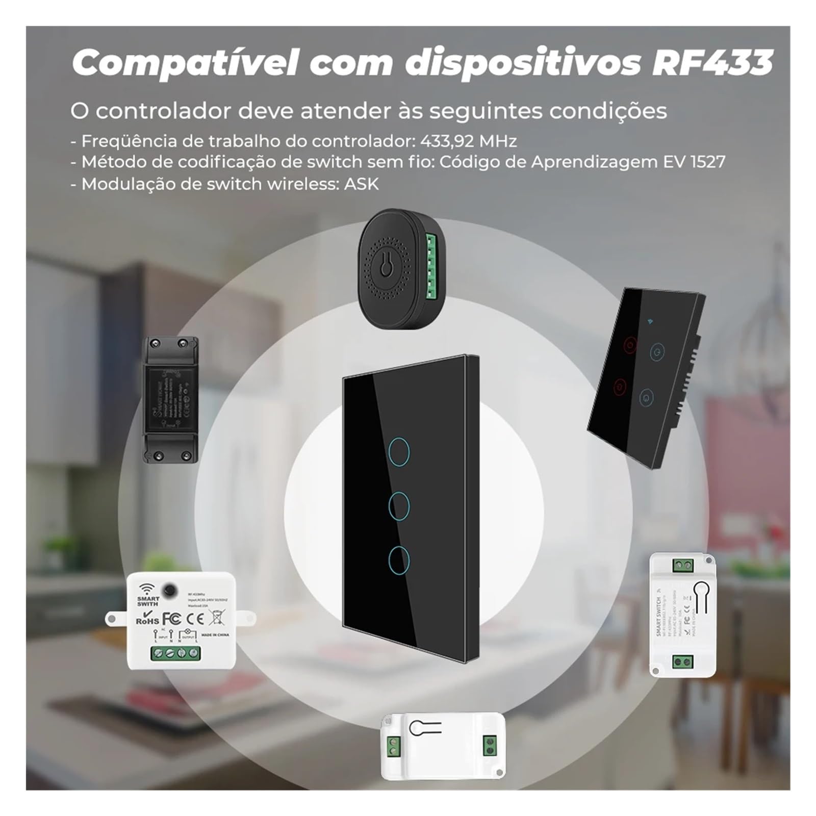 Interruptor inalámbrico táctil de 1/2/3 entradas, luz RF 433Mhz, Control remoto, lámpara de encendido y apagado de vidrio templado for hogar inteligente, pregunte(White 1 gang only)