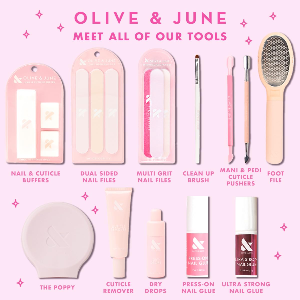 Olive & June Zestaw 3 dwustronnych pilników do paznokci do wygładzania i kształtowania, 2 stylizacje salonowe do manicure + pedicure, profesjonalnej jakości narzędzia do paznokci do użytku domowego