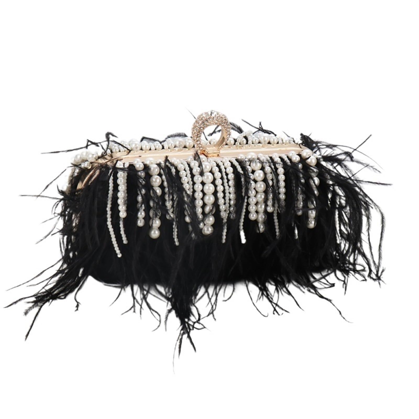 HKYBCF Feather Bag Pearl Feather Handbag Women Evening Bags Purse Evening Ring Clutch Dinner Party Clutches Ladies Messenger Bag(Black)