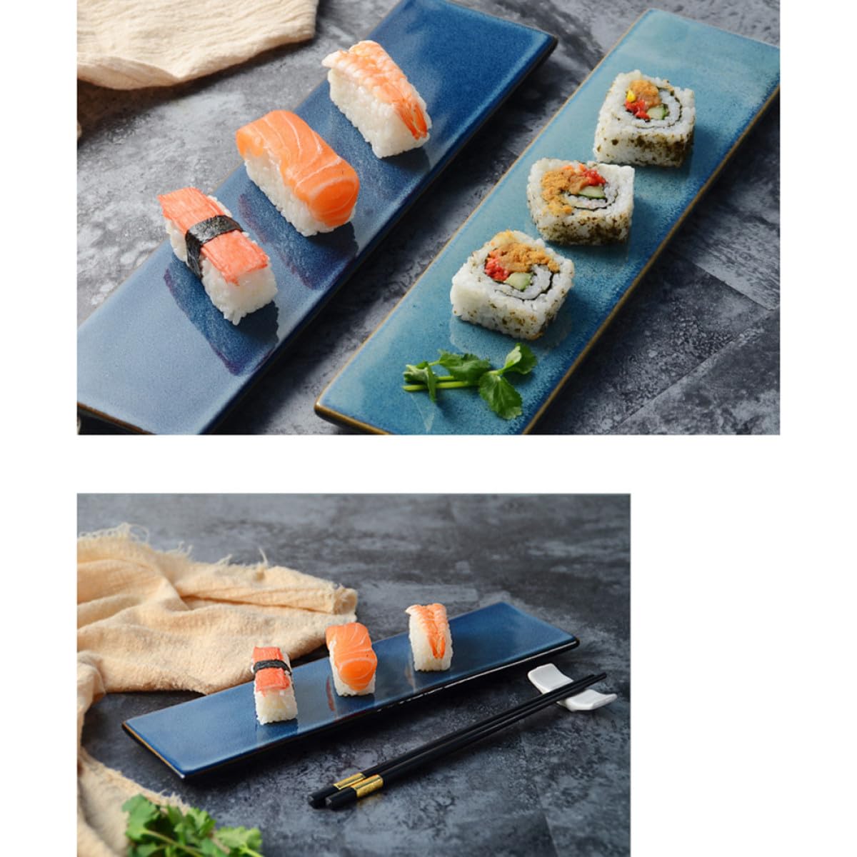 Céramique bleue haut de gamme pour cette assiette à sushis rectangulaire élégante