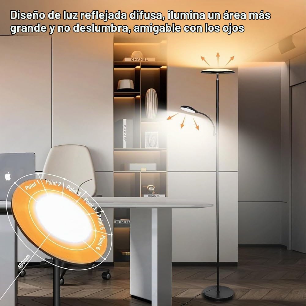 wonderlamp Lámpara de pie LED Brenan CCT Dim (30+6W). Luz regulable, control táctil