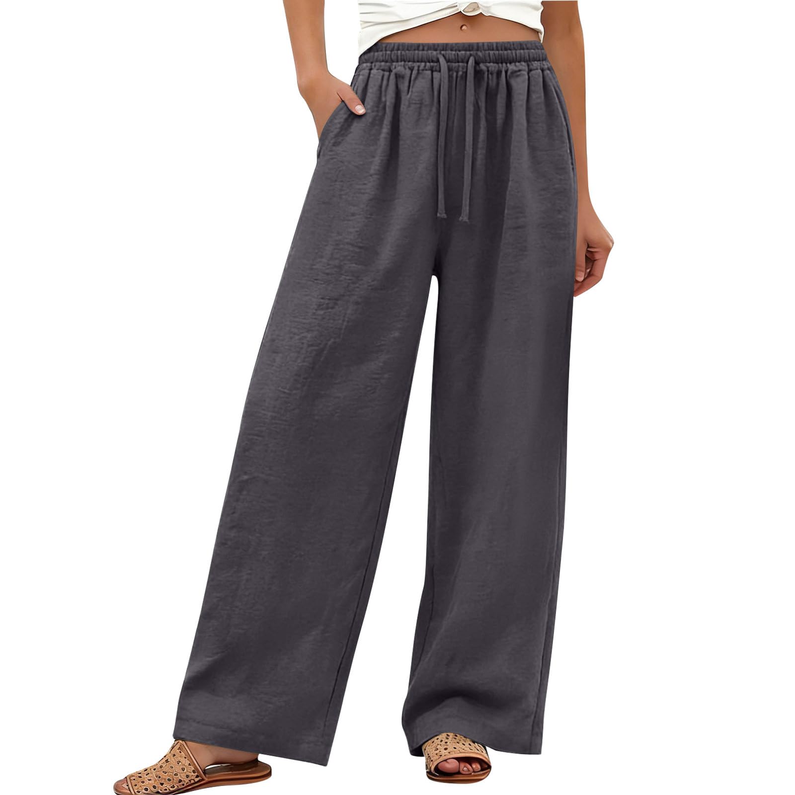 Leinenhose Damen - Leicht Leinen Sommerhose Loose Freizeithose High Waist Stoffhose Yogahose Casual Einfarbig Schlupfhose Jogginghose Straight Bein Frauen Hosen Stretch Pants Mit Taschen