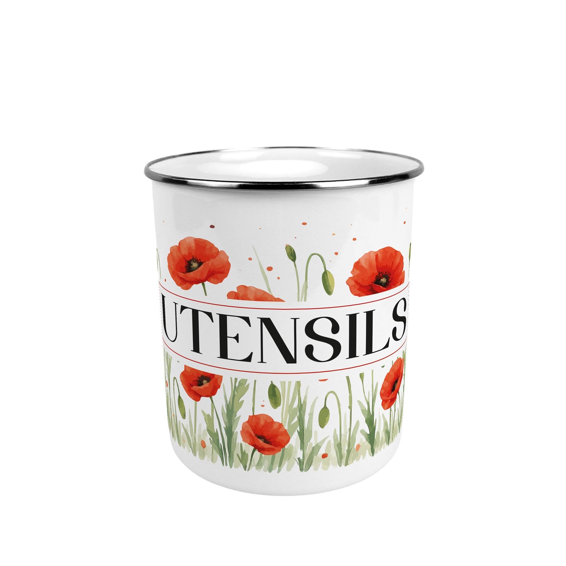 Purely Home Summer Poppies Large Metal Utensil Pot - Stylish Red Floral Tin Kitchen Utensil Holder/Organiser for Countertop - 15cm(h) x 14cm(dia.)