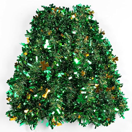 33ft St. Patrick's Day Tinsel Garland with Shamrock Confetti Green Gold Metallic Tinsel Twist Garland Shamrock Hanging Garland Decoration for St. Patrick's Door Tree Mantel Party Supplies
