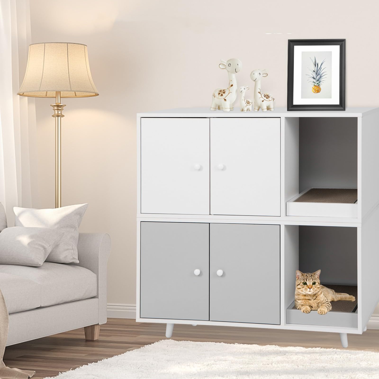 LIFEZEAL Armadietto per Gatti 2 in 1 Con Tavola Tiragraffi, Tavolino Con Casetta, 2 Ante e Gambe Sollevate, Lettiera, Marrone (Grigio)