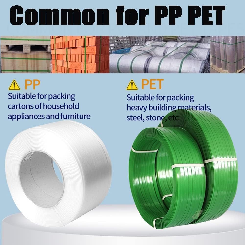 Image showing PP and PET strapping rolls with descriptions of their suitable uses.
