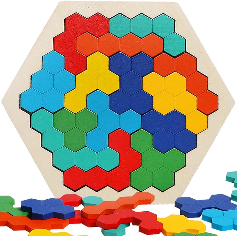 BUNDLEPRO Wooden Sorting Stacking Montessori Toys, Recognition Blocks Matching Puzzle Stacker Geometric Board Early Educational Puzzles (Wooden Hexagon Puzzle) 3