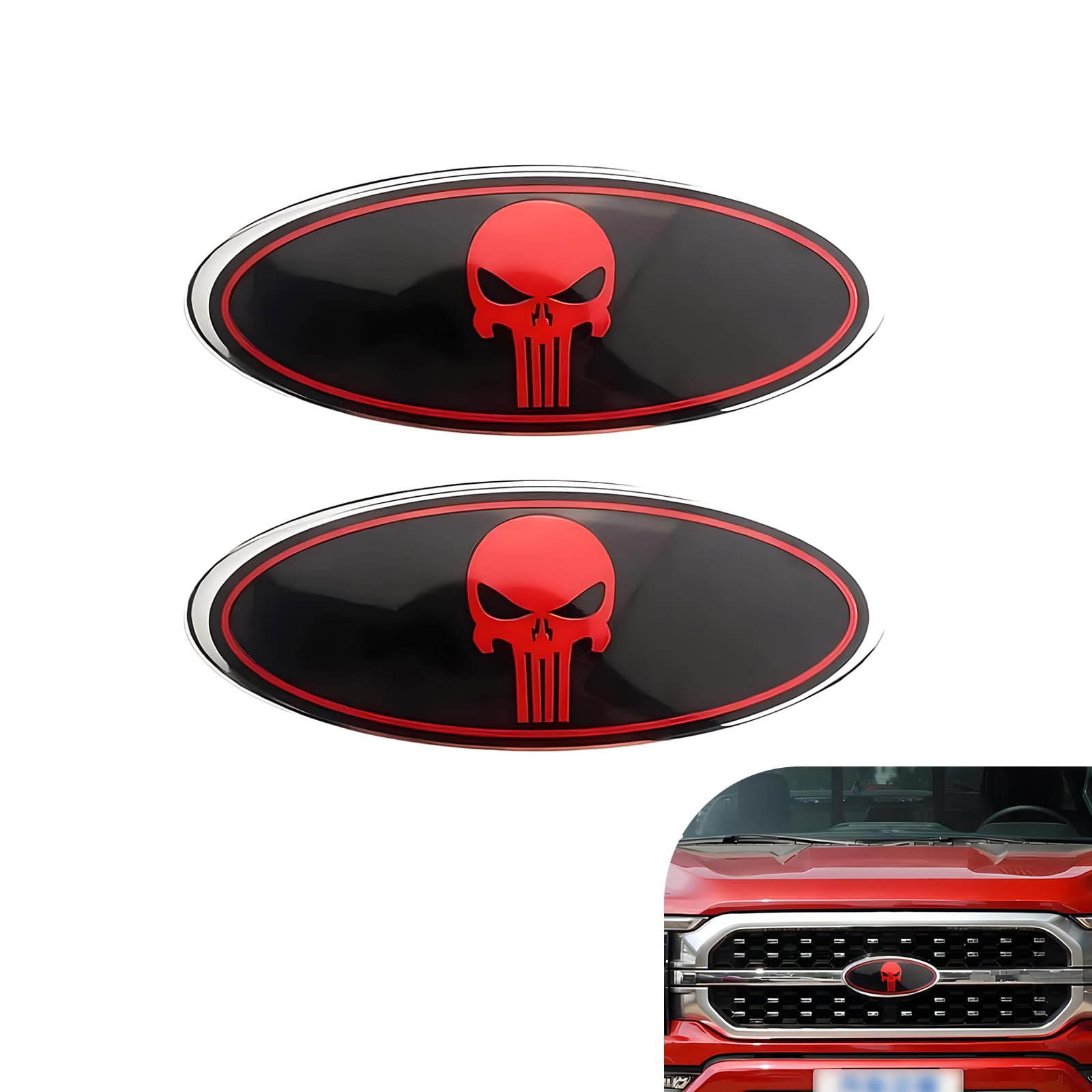 Pack-2 Rear Tailgate Emblem Badge Nameplate, Front Grille Emblem with Skull Pattern, Automobile Decorative Accessories, Compatible with Ford F150 F250 (Red)