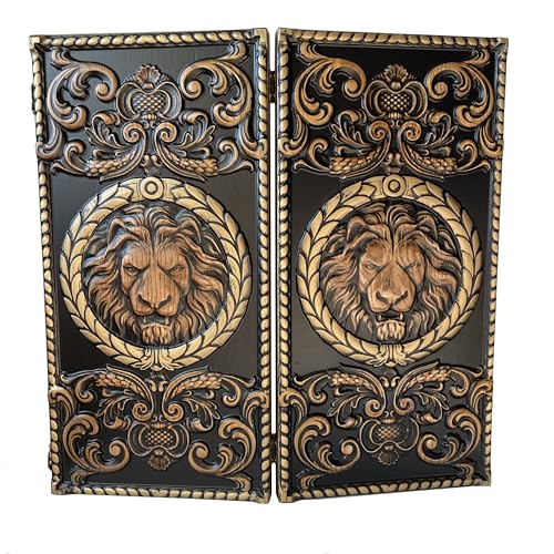 3D Premium WOODEN BACKGAMMON Set Handcrafted Handmade Game New Board 48cm (19), Carved, Lion