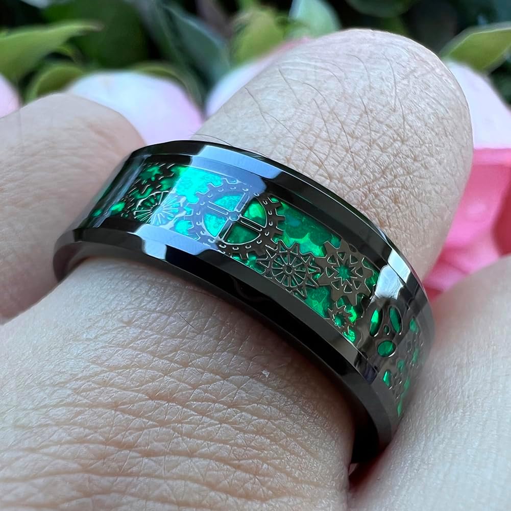 TUTISS 8mm Blue Red Green Carbon Fiber Steampunk Gear Inlay Silver and Black Tungsten Rings for Men Women Wedding Bands Beveled Edges I Love You Engraved Comfort Fit