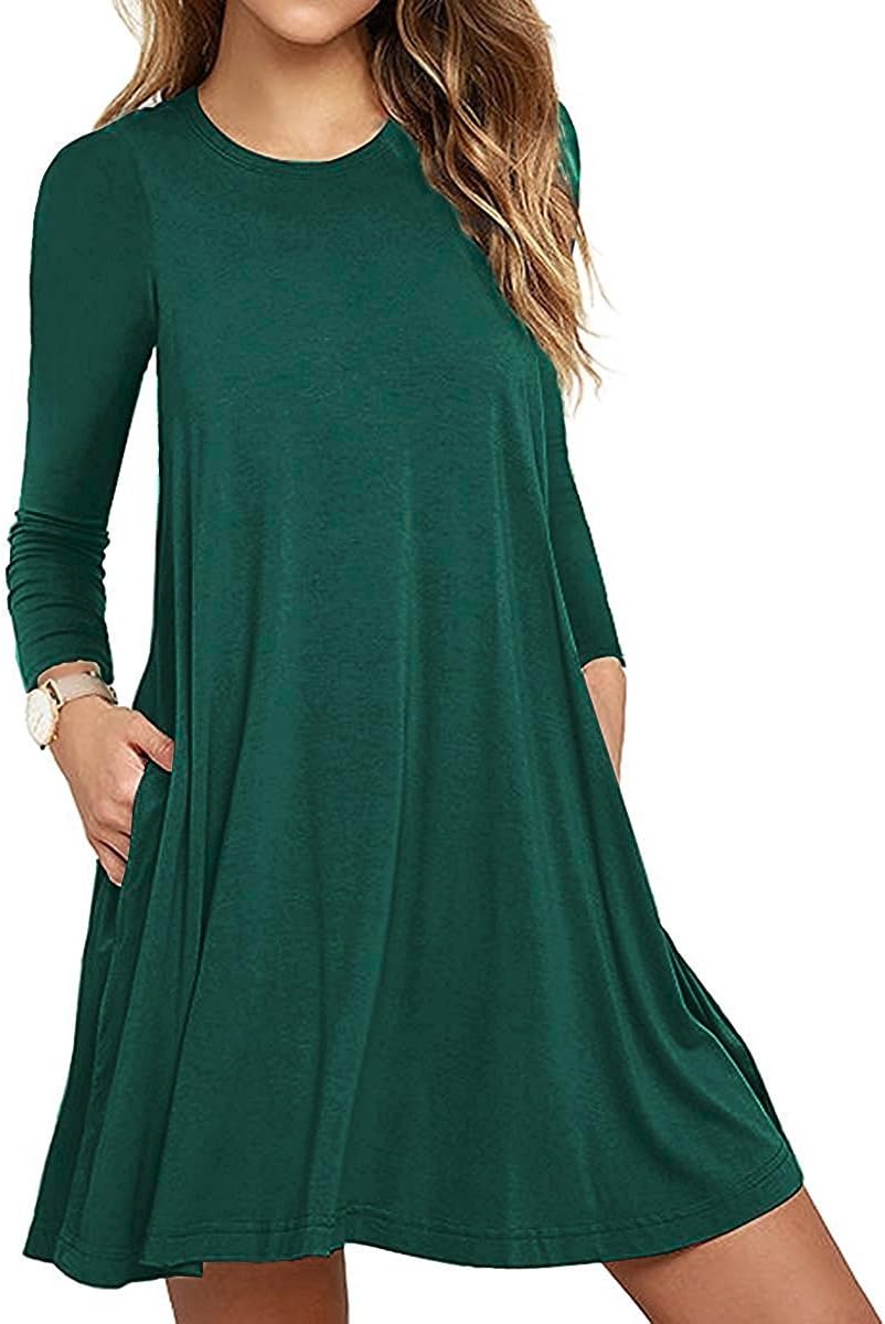 VEIMEILI Womens Comfy Swing Tunic Long Sleeve Pocket Solid T-Shirt Dress (M, Dark Green)